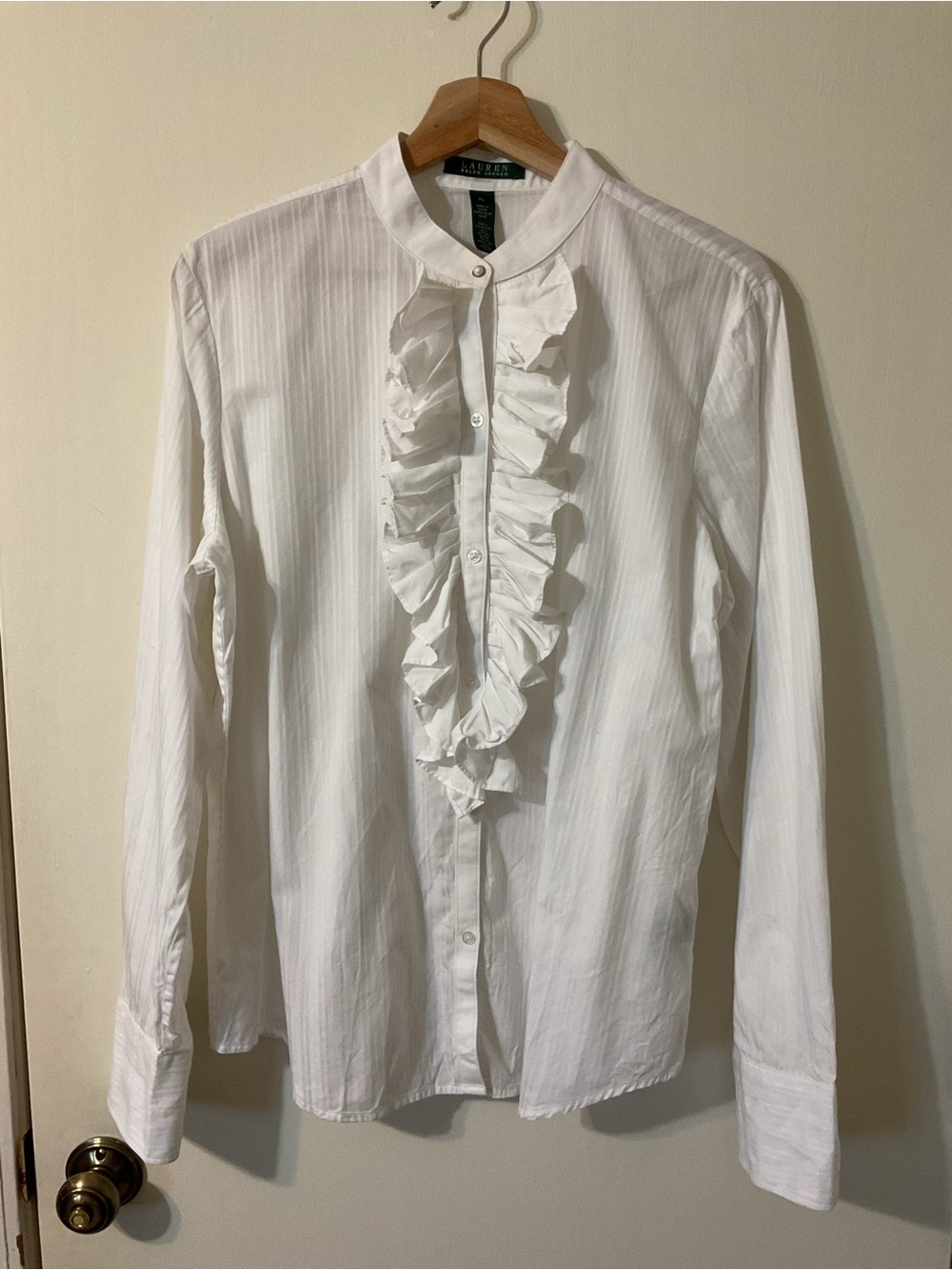 Ralph Lauren Ruffle Front Equestrian White Pinstripe 100% Cotton Dress Shirt XL
